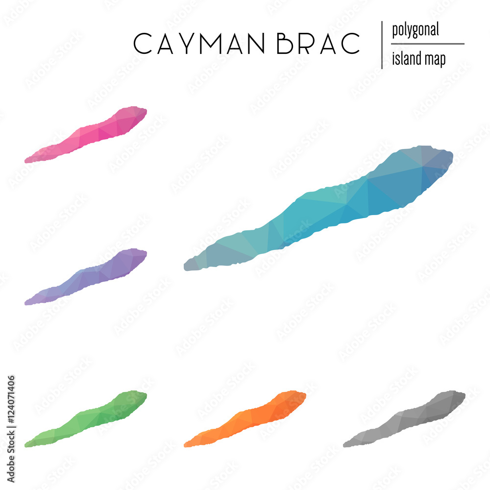 Poster set of vector polygonal cayman brac maps filled with bright gradient of low poly art. multicolored i