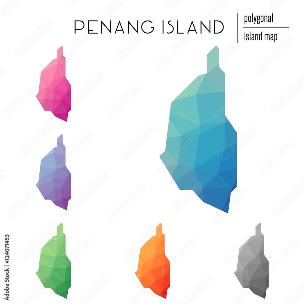 Poster set of vector polygonal penang island maps filled with bright gradients in a low poly art style. mul