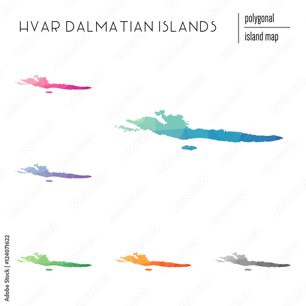 Poster set of vector polygonal hvar & dalmatian islands maps filled with bright gradient of low poly art. m