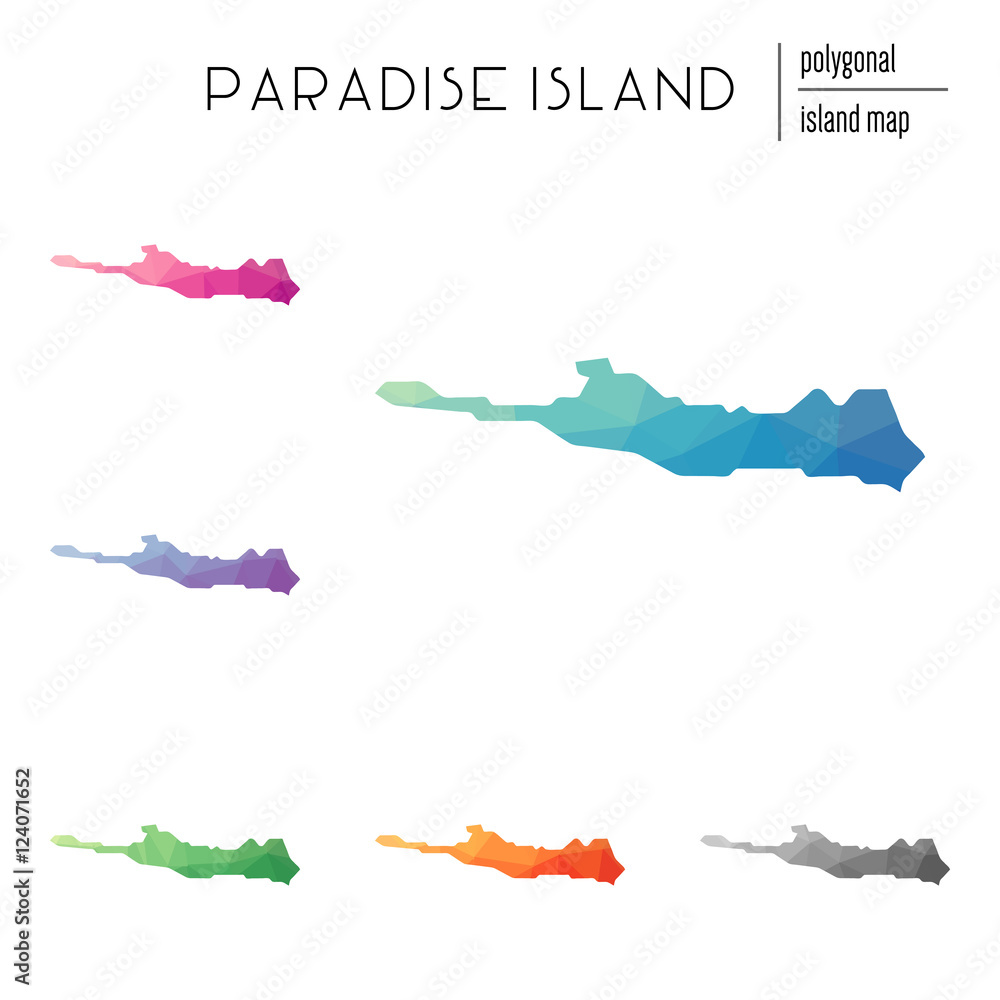 Poster set of vector polygonal paradise island maps filled with bright gradient of low poly art. multicolor