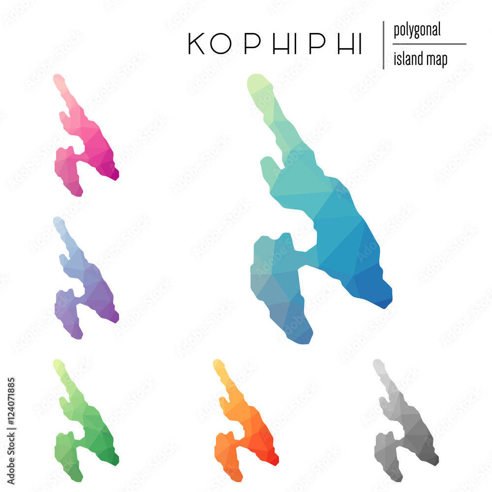 Poster set of vector polygonal ko phi phi maps filled with bright gradient of low poly art. multicolored is