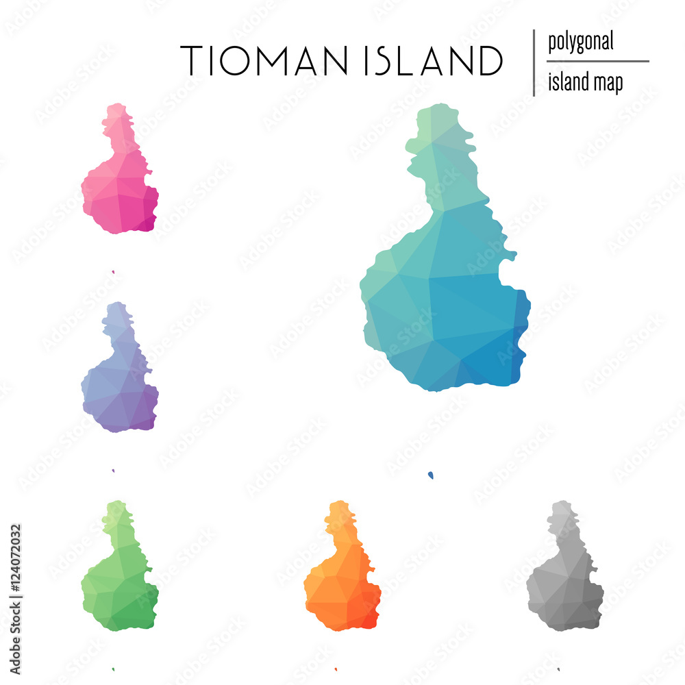 Poster set of vector polygonal tioman island maps filled with bright gradient of low poly art. multicolored