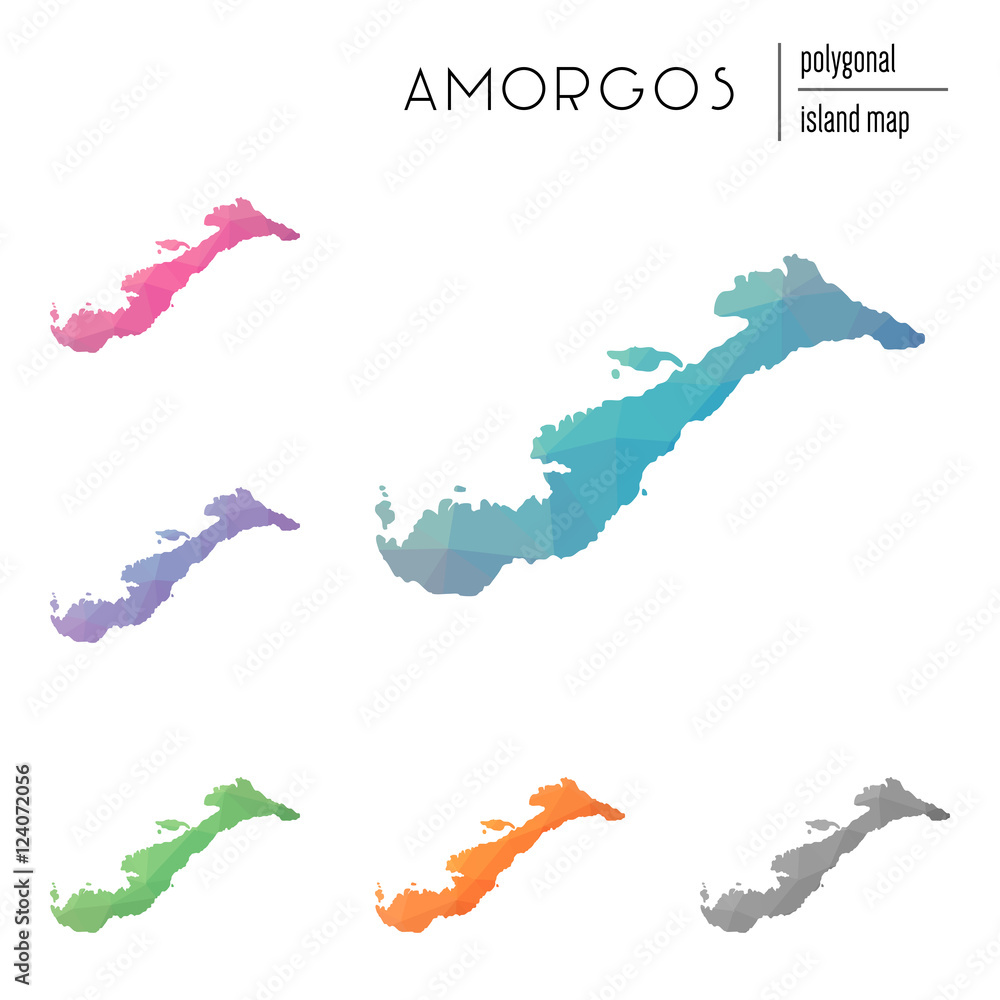 Poster set of vector polygonal amorgos maps filled with bright gradient of low poly art. multicolored islan