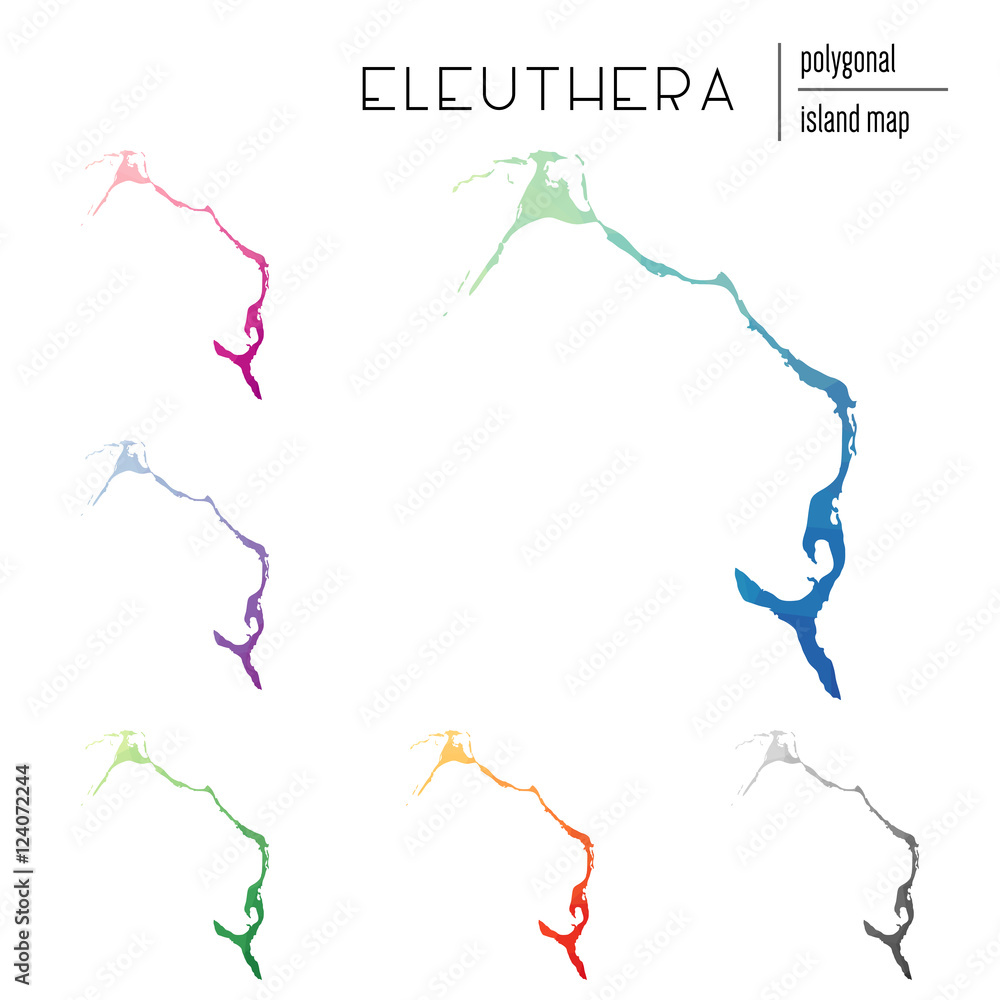 Poster set of vector polygonal eleuthera maps filled with bright gradients of low poly art. multicolored is