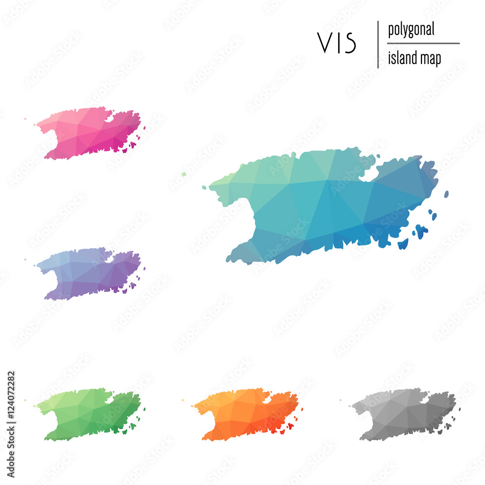 Poster set of vector polygonal vis maps filled with bright gradient of low poly art. multicolored island ou