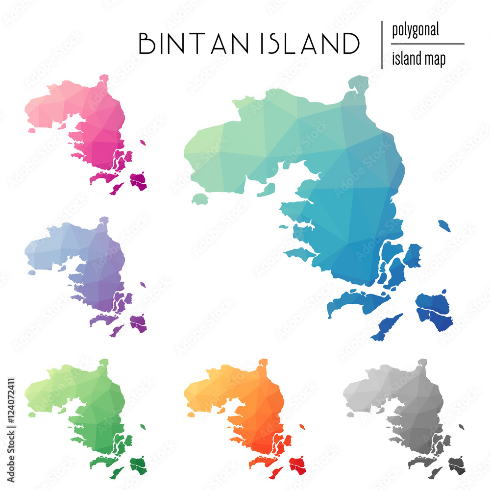 Poster set of vector polygonal bintan island maps filled with bright gradient of low poly art. multicolored