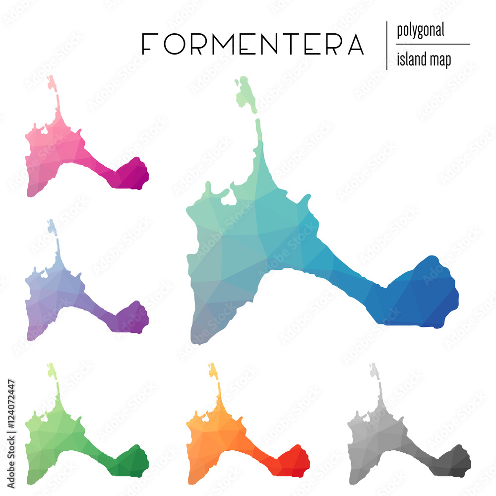 Poster set of vector polygonal formentera maps filled with bright gradients of low poly art. multicolored i