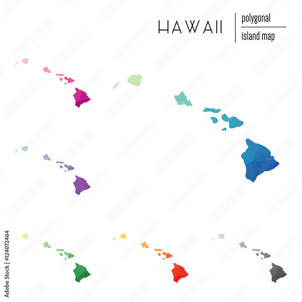 Poster set of vector polygonal hawaii maps filled with bright gradient of low poly art. multicolored island