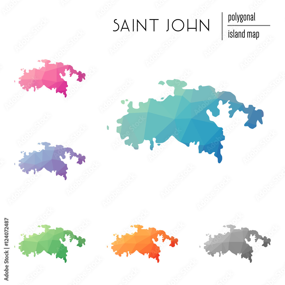 Poster set of vector polygonal maps of saint john, featuring bright gradients in low poly art style. ideal 