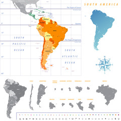 South America map with each country map separately isolated on white background. All layers detachable and labeled. Vector