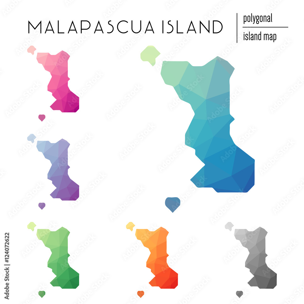 Poster set of vector polygonal malapascua island maps filled with bright gradient of low poly art. multicol
