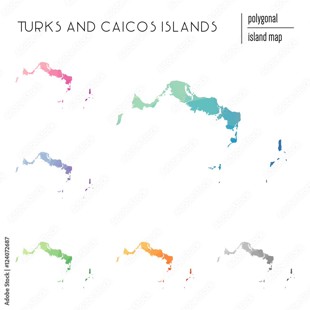 Poster set of vector polygonal turks and caicos islands maps filled with bright gradient of low poly art. m