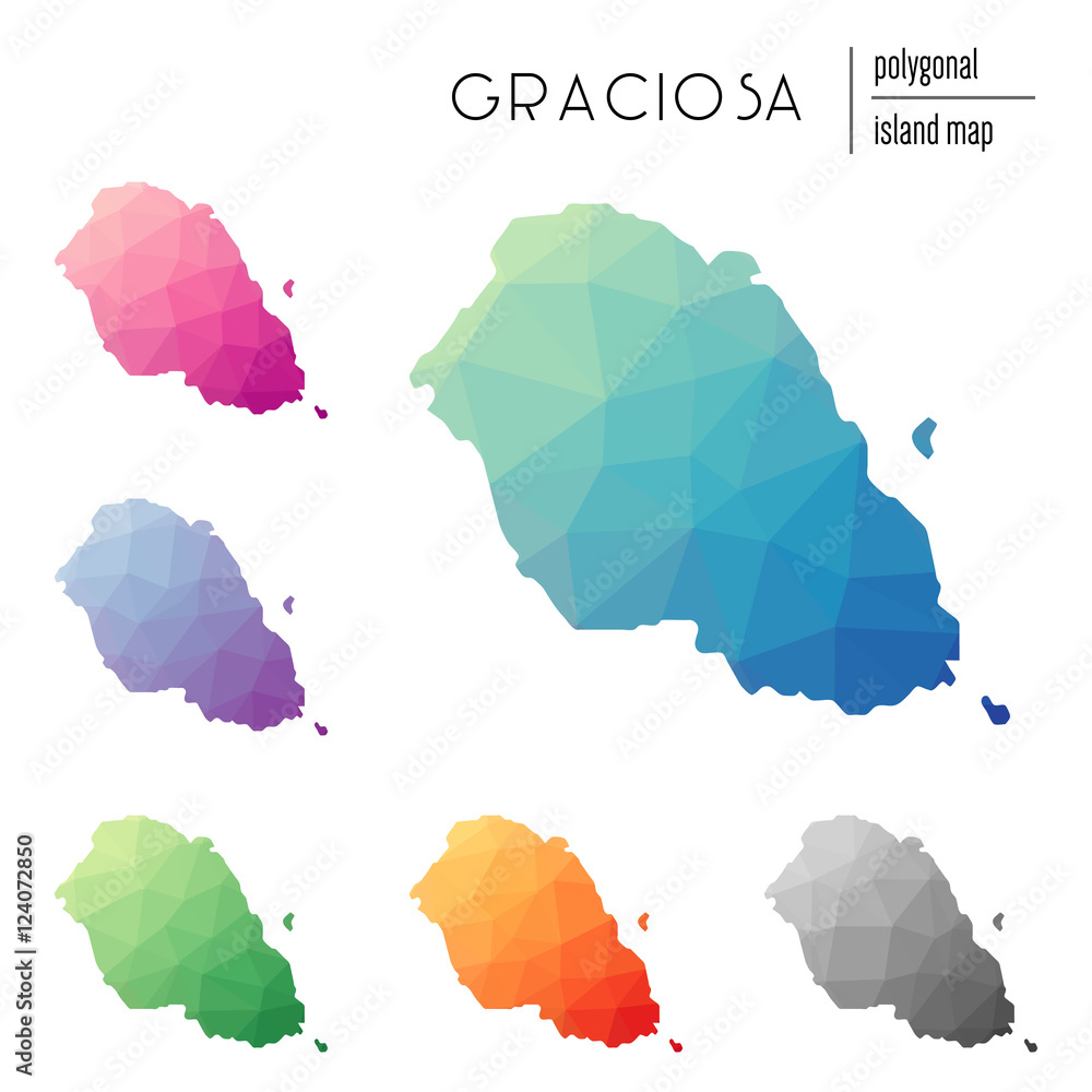Poster set of vector polygonal graciosa maps filled with bright gradient of low poly art. multicolored isla