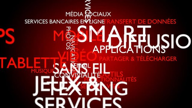 Smart, mobile, applications word tag cloud - red, French variant, 3D rendering, UHD