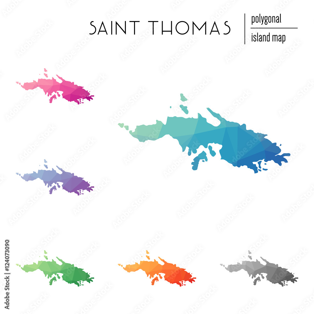Poster set of vector polygonal saint thomas maps filled with bright gradient of low poly art. multicolored 