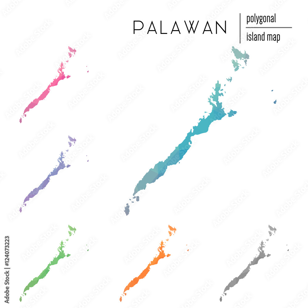 Poster set of vector polygonal palawan maps filled with bright gradient of low poly art. multicolored islan