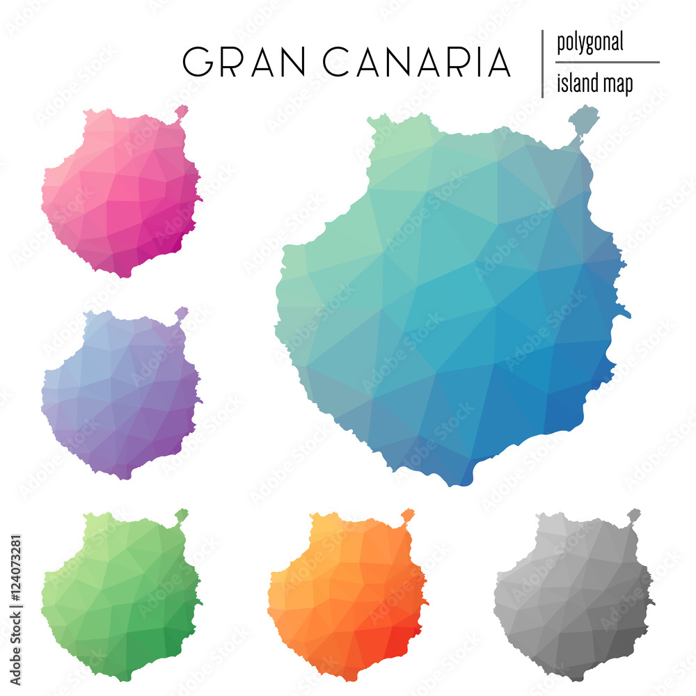Poster set of vector polygonal gran canaria maps filled with bright gradient of low poly art. multicolored 