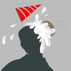 Vector icon of user avatar with a birthday hat, hit with a cake