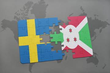 puzzle with the national flag of sweden and burundi on a world map background.