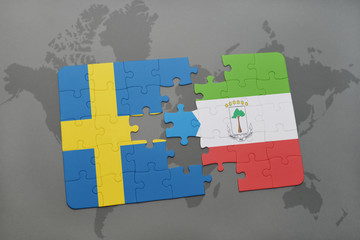 puzzle with the national flag of sweden and equatorial guinea on a world map background.