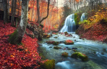 Foto op Plexiglas Autumn forest with waterfall at mountain river at sunset. Colorful landscape with trees, stones, waterfall and vibrant red and orange foliage. Nature background. Fall woods. Beautiful blurred water © den-belitsky