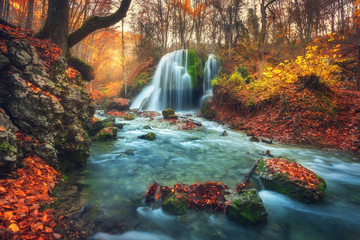 Autumn forest with waterfall at mountain river at sunset. Colorful landscape with trees, stones, waterfall and vibrant red and orange foliage. Nature background. Fall woods. Beautiful blurred water