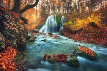 Foto auf Acrylglas Autumn forest with waterfall at mountain river at sunset. Colorful landscape with trees, stones, waterfall and vibrant red and orange foliage. Nature background. Fall woods. Beautiful blurred water © den-belitsky