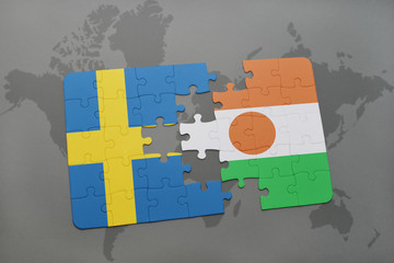 puzzle with the national flag of sweden and niger on a world map background.