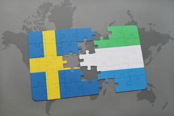 puzzle with the national flag of sweden and sierra leone on a world map background.