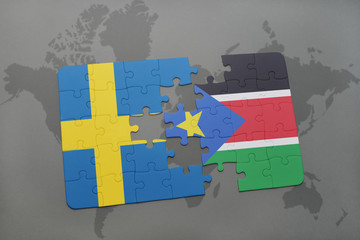 puzzle with the national flag of sweden and south sudan on a world map background.