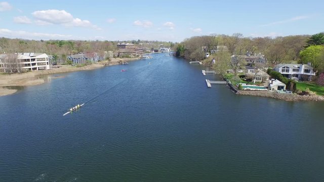 Aerial over rowers on Saugatuck River.