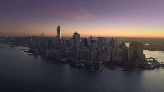  Aerial footage of lower Manhattan at dawn 