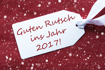 Fototapeta na wymiar Label On Red Background, Snowflakes, Rutsch 2017 Means New Year