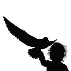 child fun silhouette with bird illustration in black