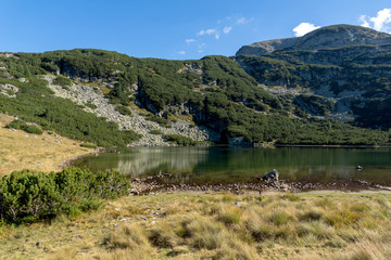Fototapeta na wymiar Yonchevo lake and green hills, Rila Mountain, Bulgaria