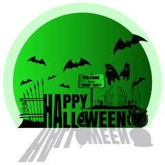 Happy Halloween. Green sticker. Concept art. Halloween, cemetery with ghosts, night party. Vector illustration