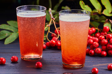 Two glasses of carbonated drink with rowan syrup