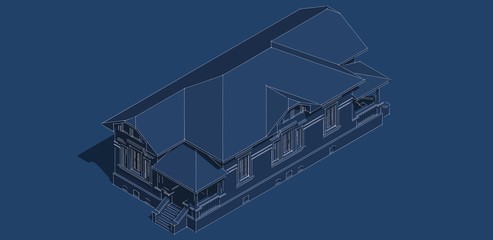 Casa isometrica dibujo boceto fondo azul