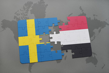 puzzle with the national flag of sweden and yemen on a world map background.