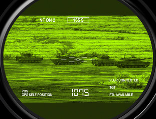 Thermal gun sight image aimed a platoon of tanks. Computer Illustration.
