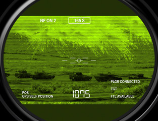 Thermal gun sight image aimed a platoon of tanks launching countermeasures. Computer Illustration.