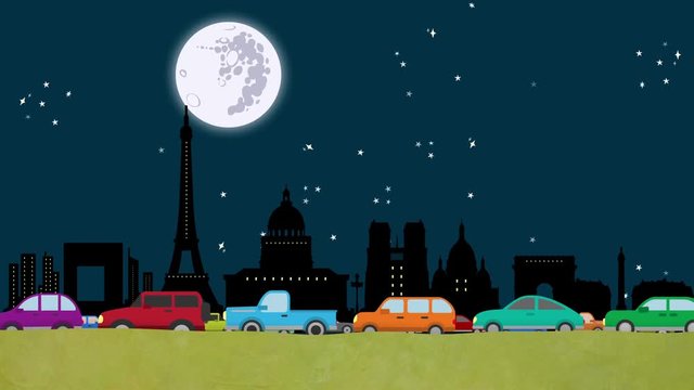 Looping Cartoon Vector of Cars in Heavy Traffic Driving on Paris Skyline