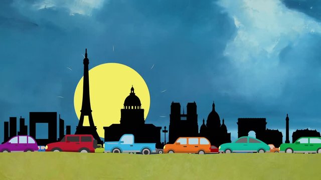 Looping Cartoon Vector of Cars in Heavy Traffic Driving on Paris Skyline