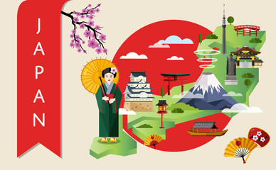 Japan famous landmarks and travel map with asian girl in traditional dress on background of red sun circle, vector illustration. Travel concept with Japan traditional symbols. Architecture attractions