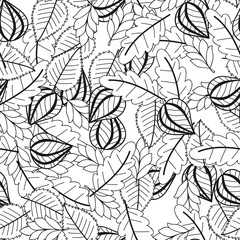 Black and white seamless pattern with flowers, leaves for coloring