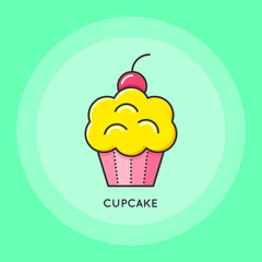 Cupcake with cherries. Bakery food thin line illustration. Party and Celebration icon.
