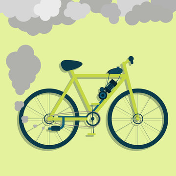 Electric bicycle steaming the exhaust pipe. Air pollution. Flat design with long shadow. Metaphor. Concept