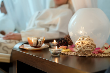 Close-up image of decor table in spa salon