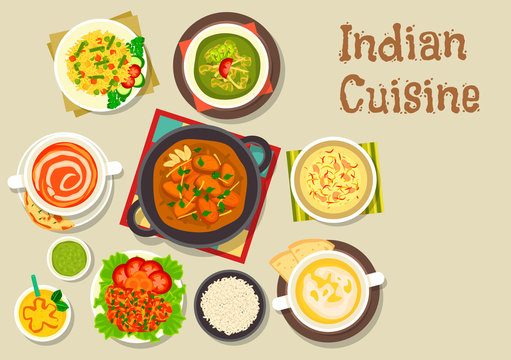 Indian cuisine icon of popular dishes with dessert