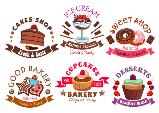 Pastry shop and cafe signs with cake and dessert